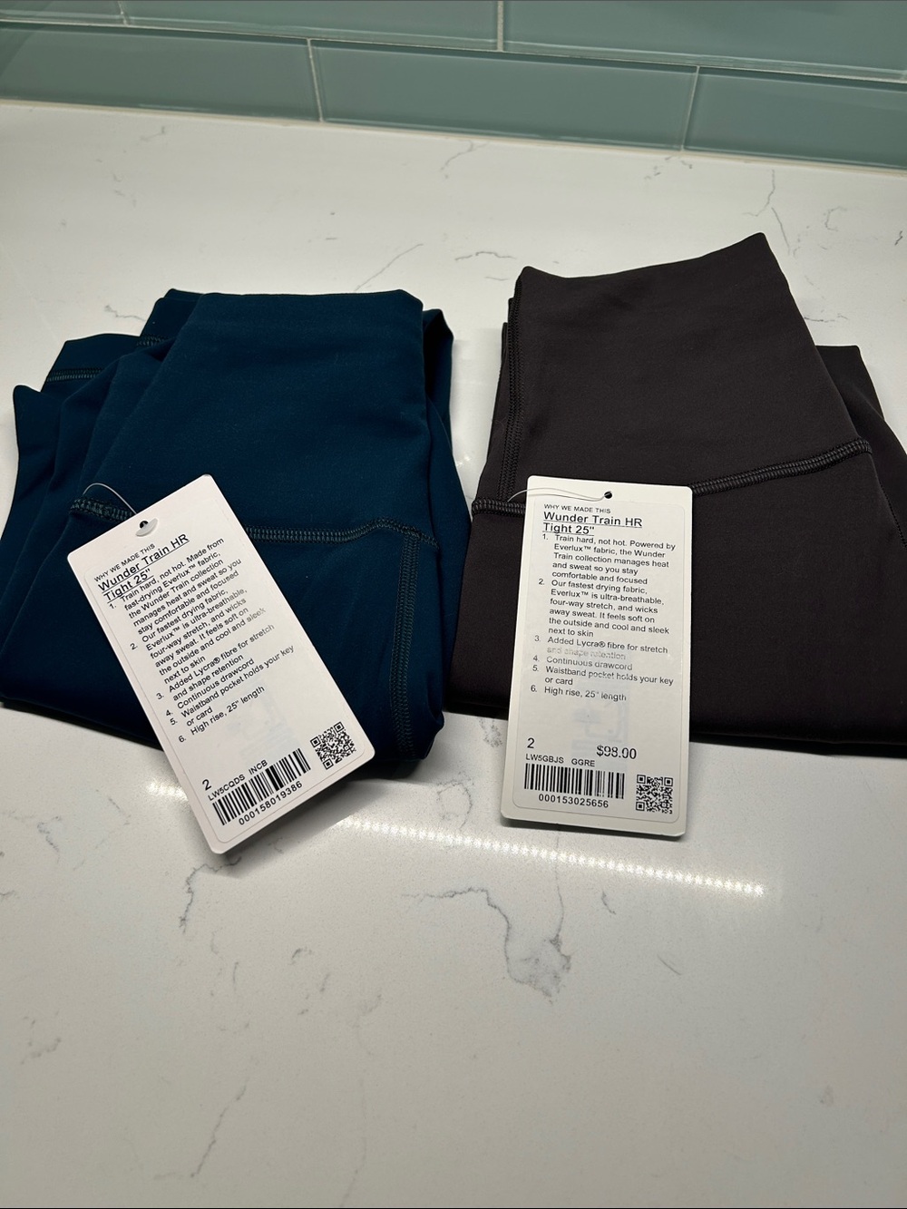 2Pair NWT sz 2 Lululemon athletica Wunder Train HR Leggings — Teal and Black